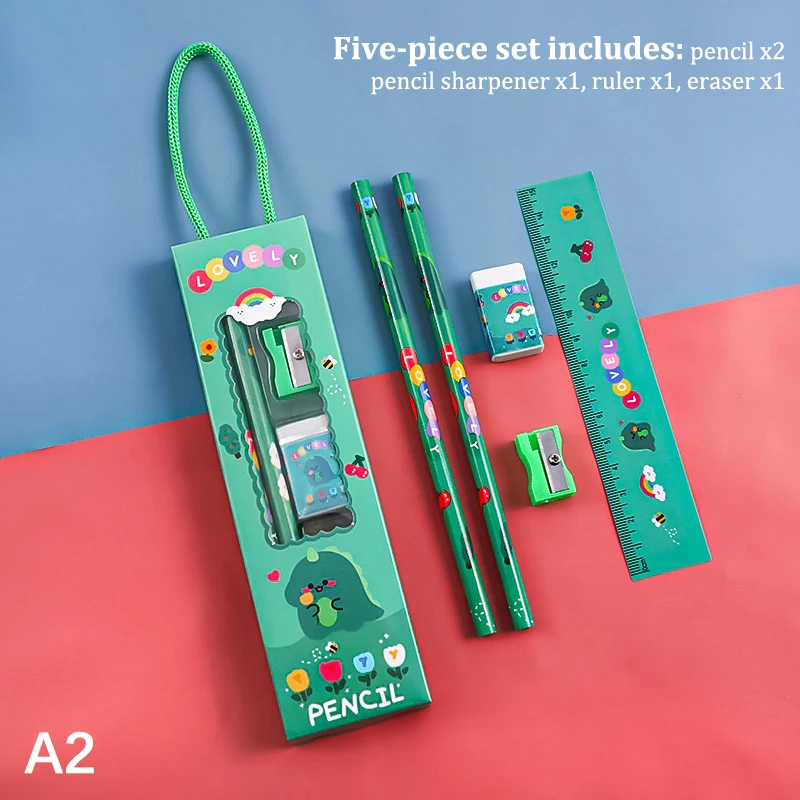 5Pcs Portable Stationery Set Cartoon Pencil Ruler Sharpener Eraser Set Gift for Kids School Office Writing Prize Stationery Set