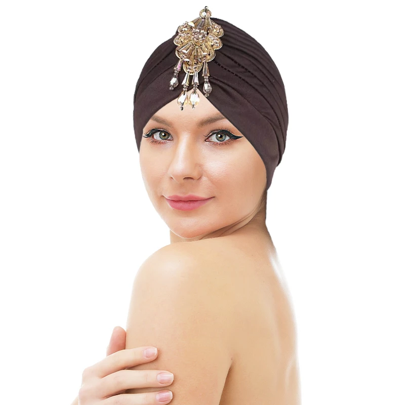 NEW Luxury Divas turban Head wrap hat with beaded pendant Women Islamic Inner Hijab Caps Arab wrap Head femme musulman turbante