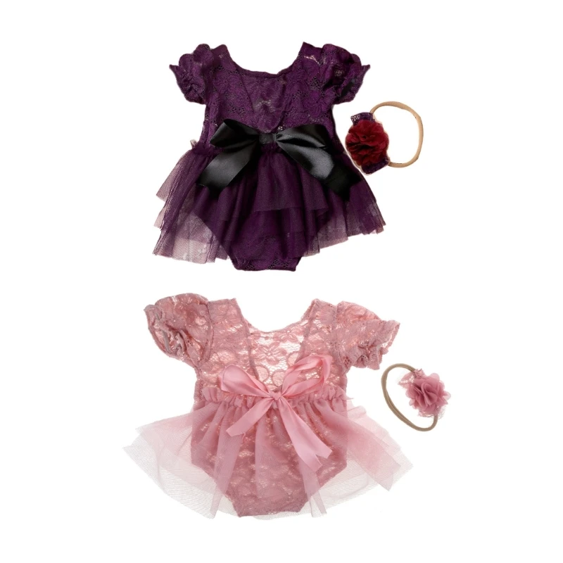 

2pieces Baby Photography Props Lace Dress Flower Headband Photoshooting Outfit