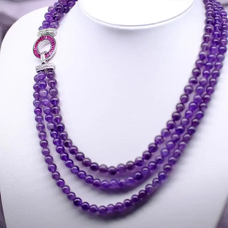 3rows Amethyst round 5-6mm necklace 43-46cm wholesale beads nature FPPJ