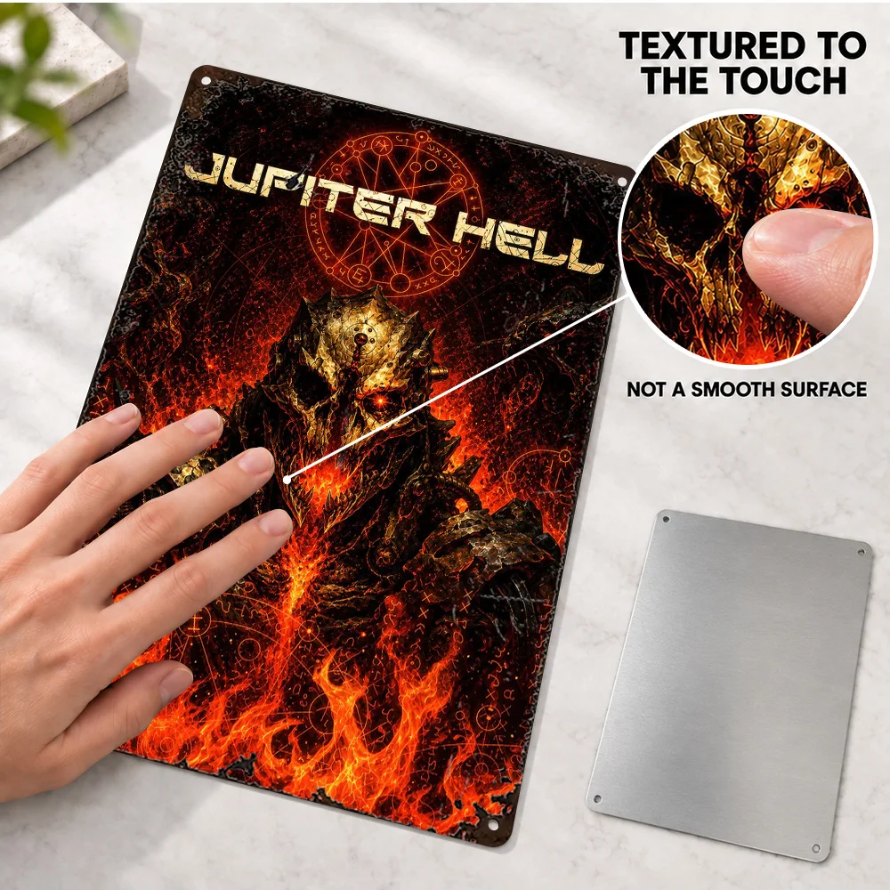 Jupiter Hell Game Textured Metal Poster Customized Aluminum Sign Fiery Skull Occult Graphic Wall Art For Gaming Room Gamer Gift