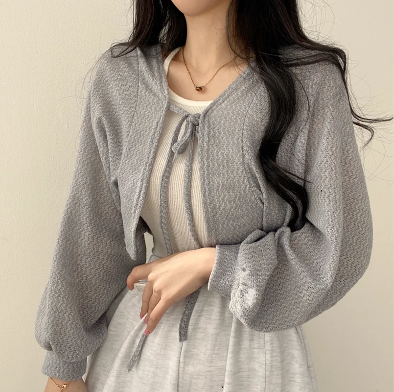 Thin White Bandage Lantern Sleeve Cardigan Short Coat Pull Femme Wild Black Grey Knitwear Top Kimono  Casual Tshirt