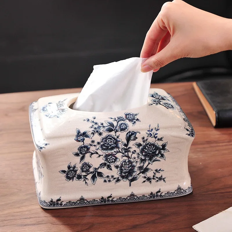 Ceramic Tissue Box Blue and White Porcelain Pattern Tissue Box Holder Napkin Holder Desktop Storage Container Home Decoration