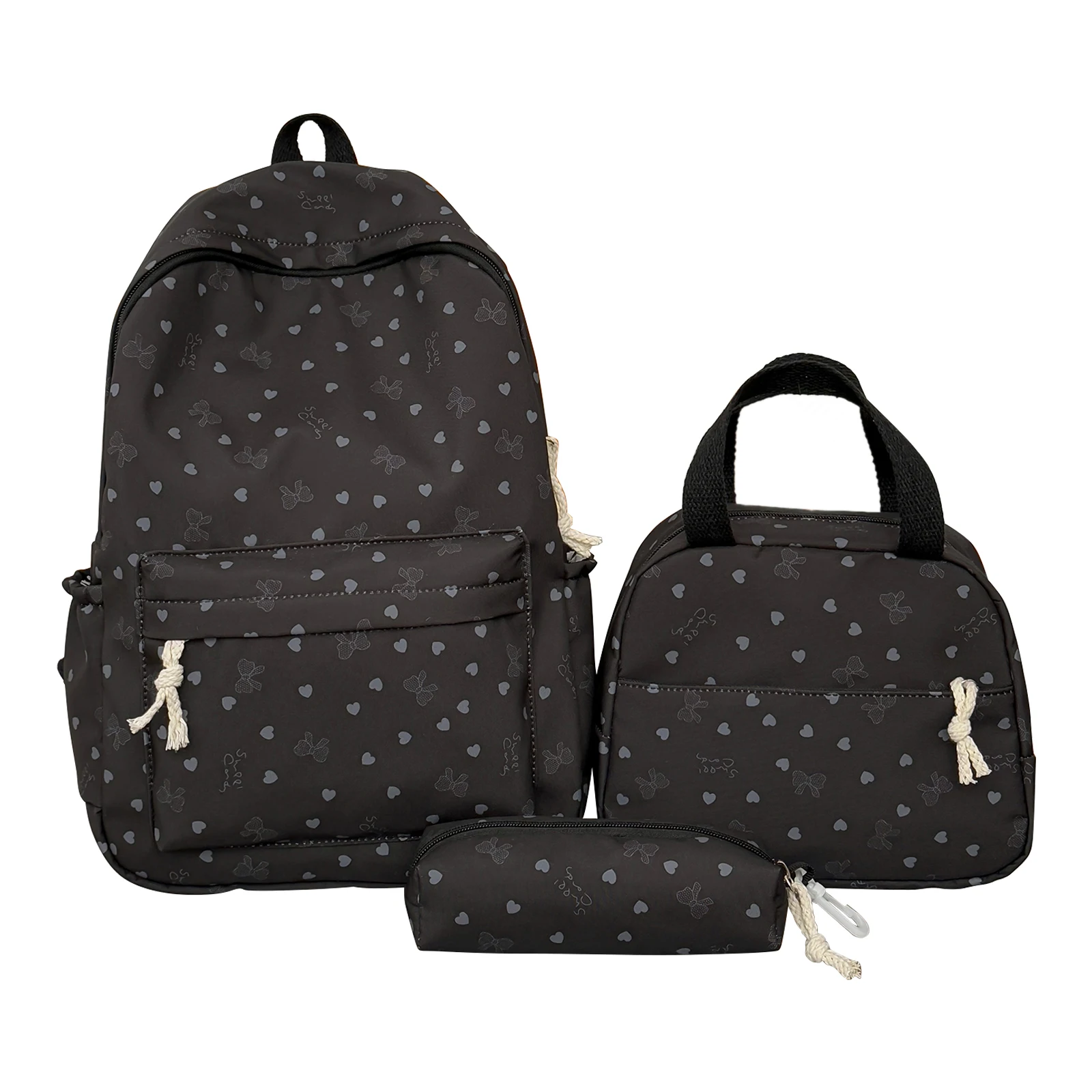 Coquette Bow Love Print Aesthetic Preppy Backpack with Lunch Box and Pencil Pouch Travel Rucksack Bag 3Pcs Set for Women