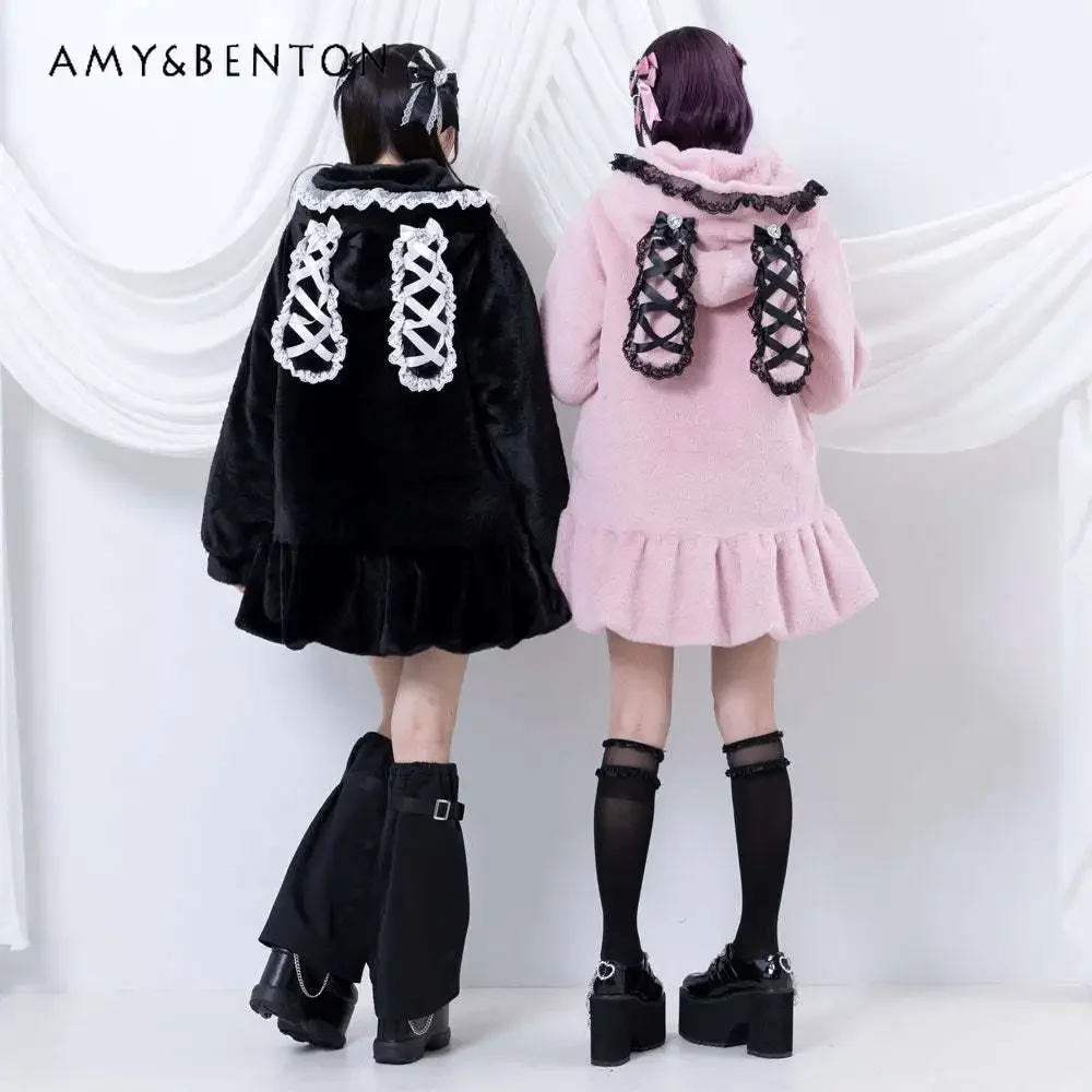 Winter New Japanese Cute Plush Bow Lace Print Hooded Cotton Jacket Loose Slim Mid-Length Clothes Sweet Kawaii Student Coat Women