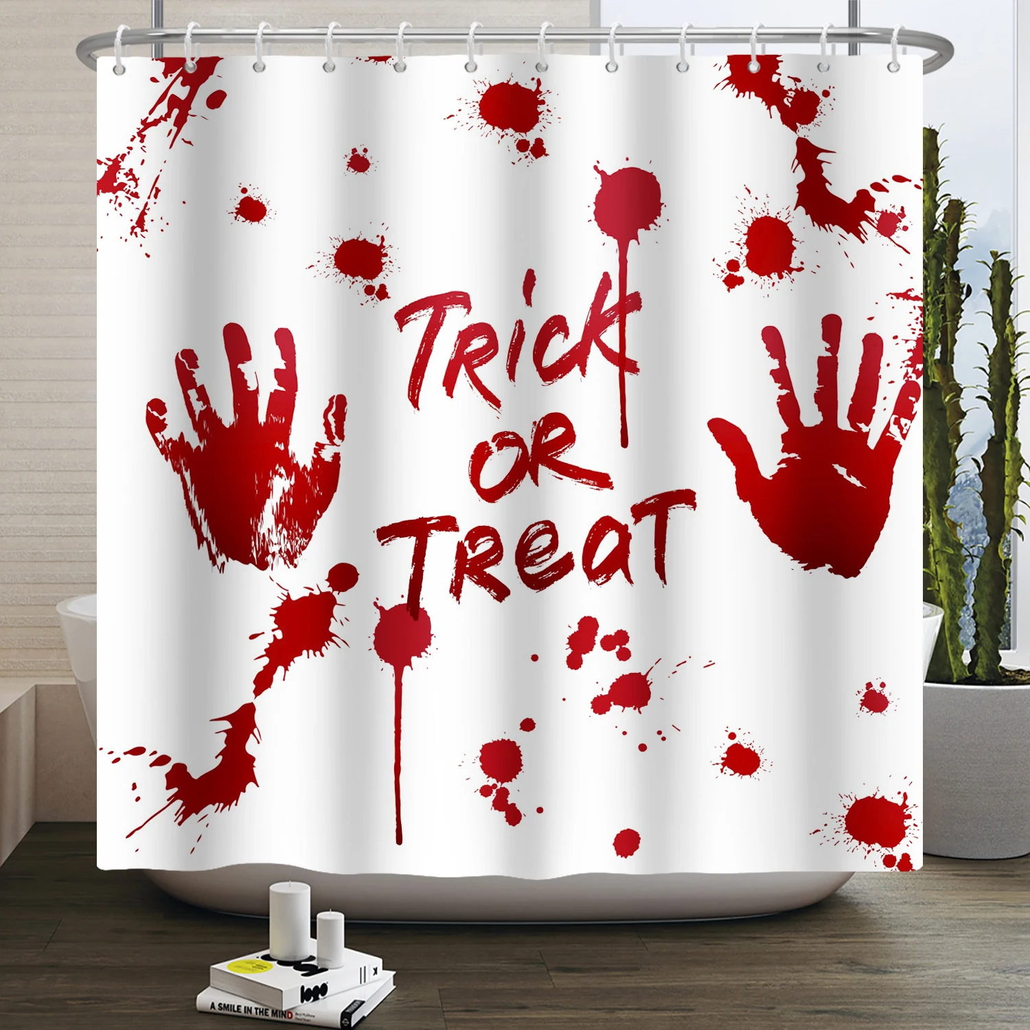 Halloween Horror Blood Handprint Shower Curtain Set Scary Bloody Splatter HELP Trick Or Treat No One Leaves Halloween Party Knif