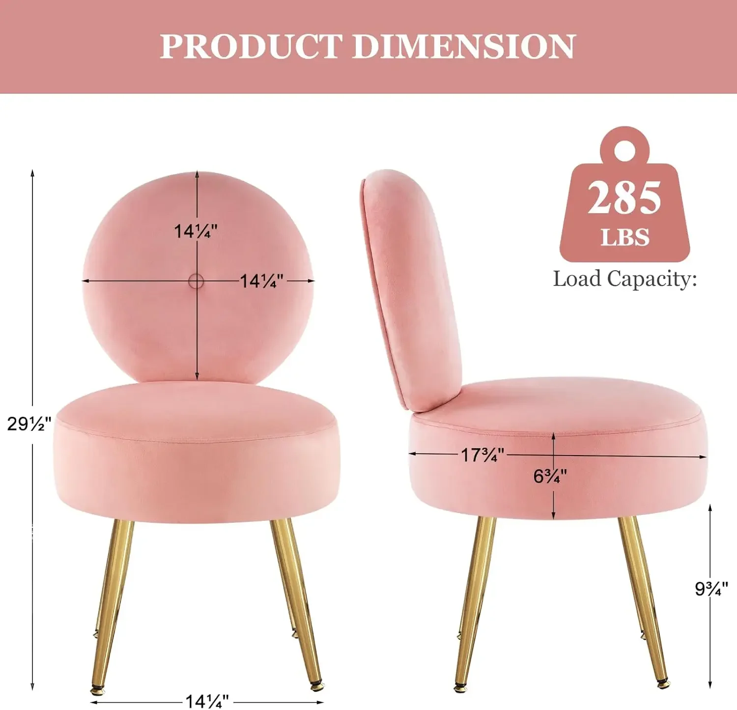 Pink Vanity Stool Chair with Back, Cute Small Accent Chair Round Makeup Chair with Gold Legs for Vanity Bedroom Bathroom