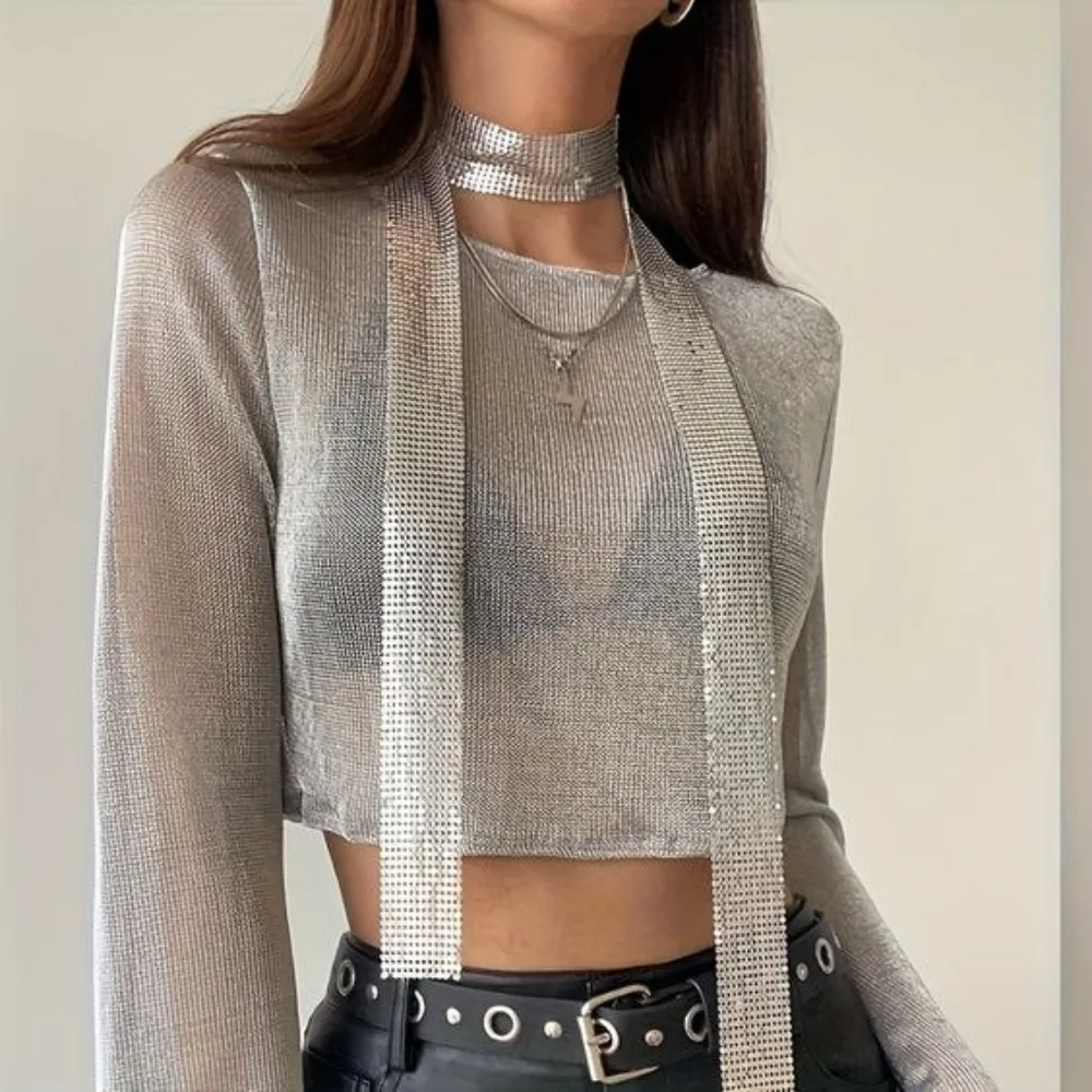 Fashion Aesthetic Sequin Scarf Aluminium Alloy Punk Cool Slender Scarf Sexy Long Thin Chain Pendant Choker Ladies