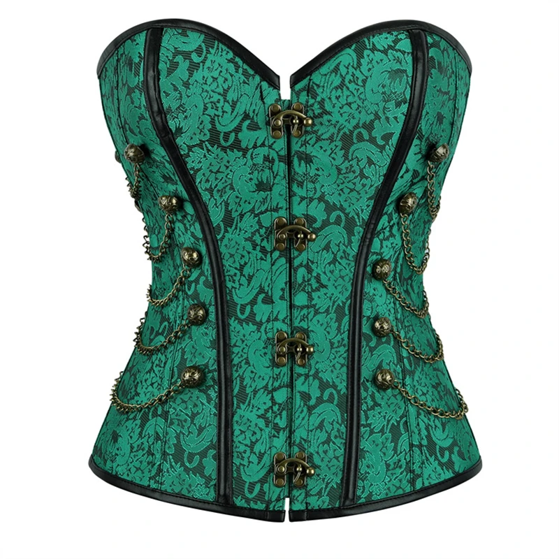 Women Gothic Retro Outerwear Corset Jacquard Steel Bone Strapless Bodice Slimming Shaper Steampunk Chain Decoration Bustier Tops