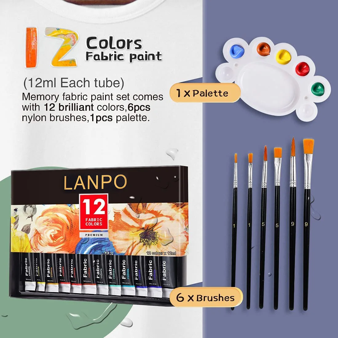 Fabric Paint Set 12/24 Colors 12ml Textile Pigment with Brushes Palette DIY T-shirt Clothing Canvas Fabric Painting Art Supplies