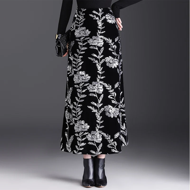 

Ретро-юбка миди из золотистого бархата с вышивкой, асимметричная, с завышенной талией, приталенная, А-силуэт, для осени и зимы