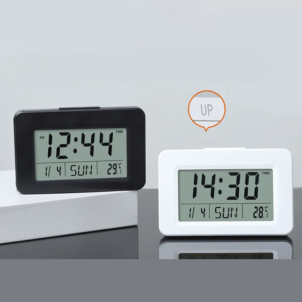 

Цифровые часы с ЖК-дисплеем и отображением температуры, постоянный календарь, отображение времени, даты и дня недели, встроенный цифровой термометр, формат 12/24 часа