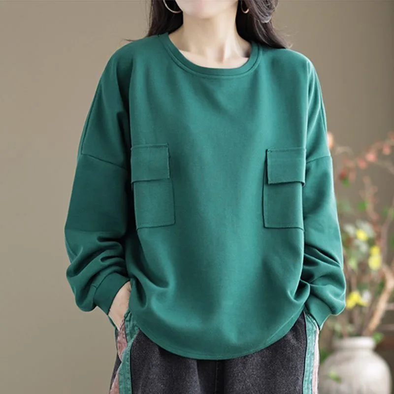 Spring and Autumn Fashion Trend Lazy Patchwork Pocket Round Neck Large Loose Versatile Simple Casual Women\'s Long Sleeve Sweater