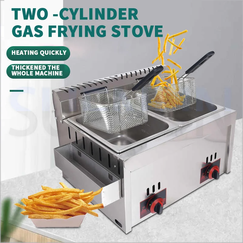 12L Stainless Steel Gas Fryer Countertop Fried Chicken French Fries Machine Commercial Deep Fryer Machine with Dual Tanks