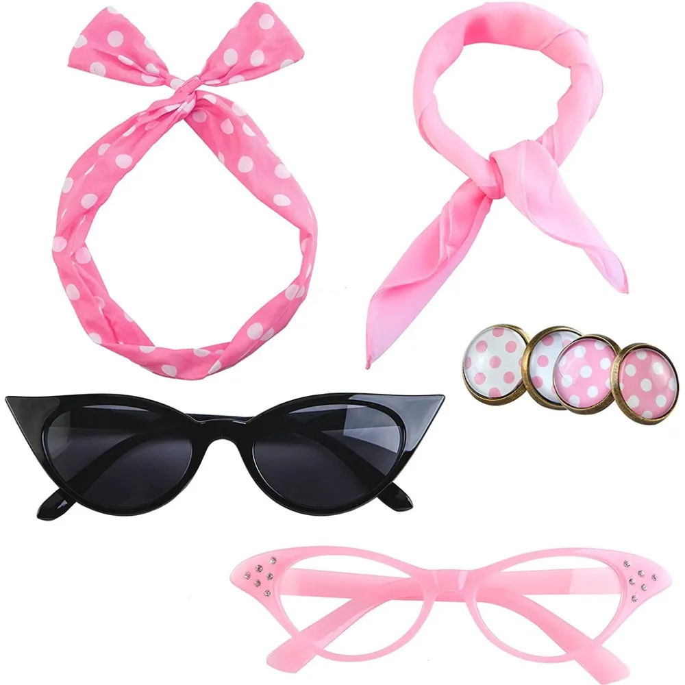 Medieval 50s 60s disco Pink Satin Jacket Neck Scarf Headband Earrings Cat Eye Glasses Halloween Cosplay Costume for Women Girl