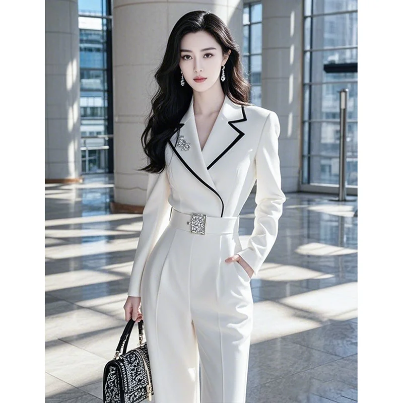 

Fashion Temperament Ladies Suit Luxury High Sense Spring Autumn V-Neck White Jumpsuit High-End High-Waist Comfortable Jumpsuit