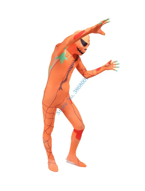 Halloween Cosplay Catsuit Kostüm Orange Kürbis Druck Lycar voller Bodysuit