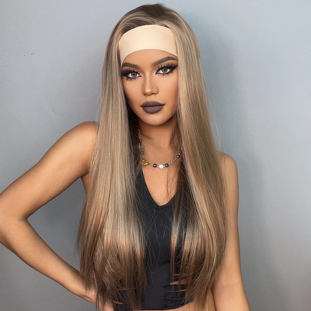 ALAN EATON Long Straight Brown Blonde Synthetic Headband Wigs for Black Women Golden Hair Wigs Daily Cosplay Use Heat Resistant