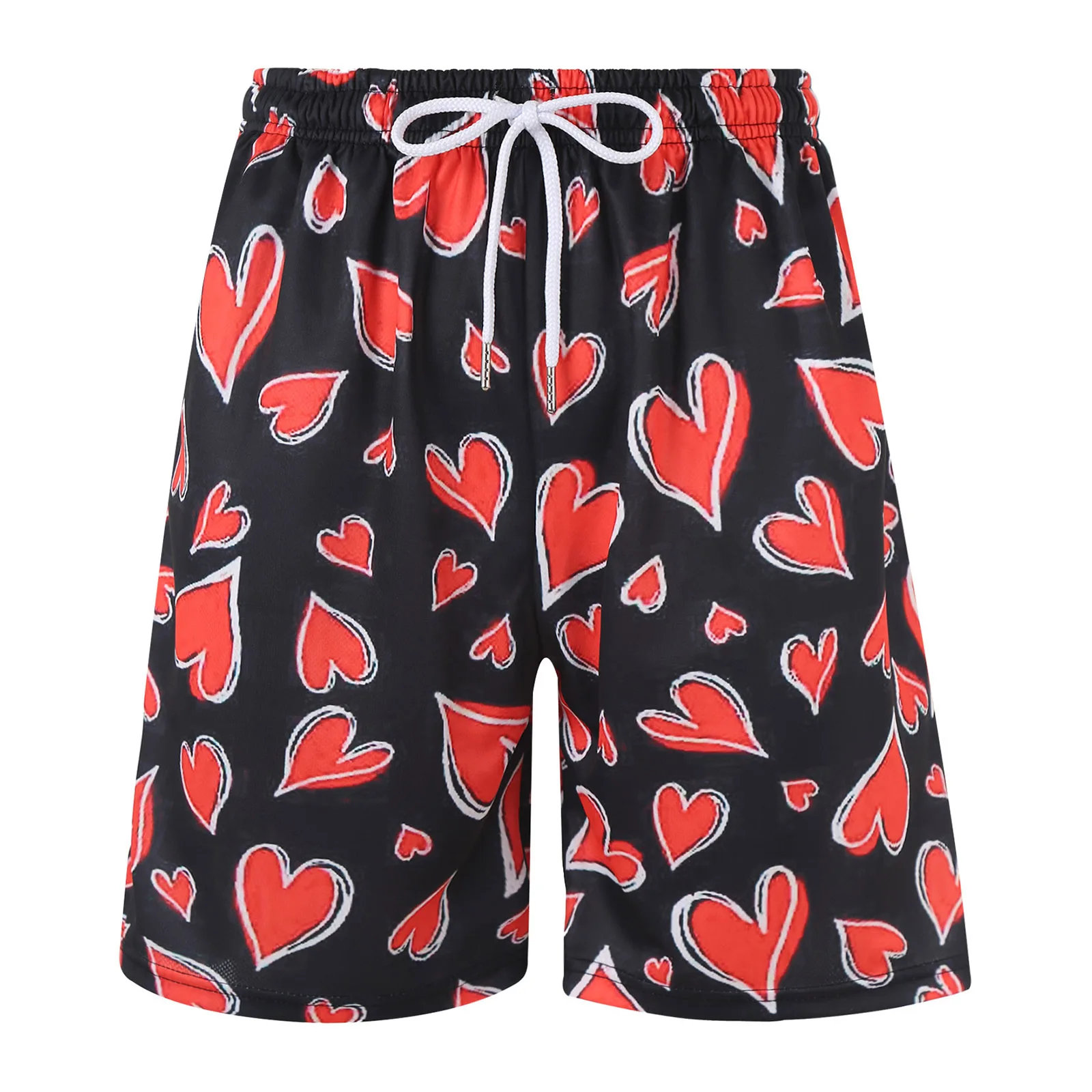 Unisex Fashion Heart Print Boxer Shorts Elastic Waist with Drawstring Side Pockets Loose Loungewear for Beach Swimwear Bottom