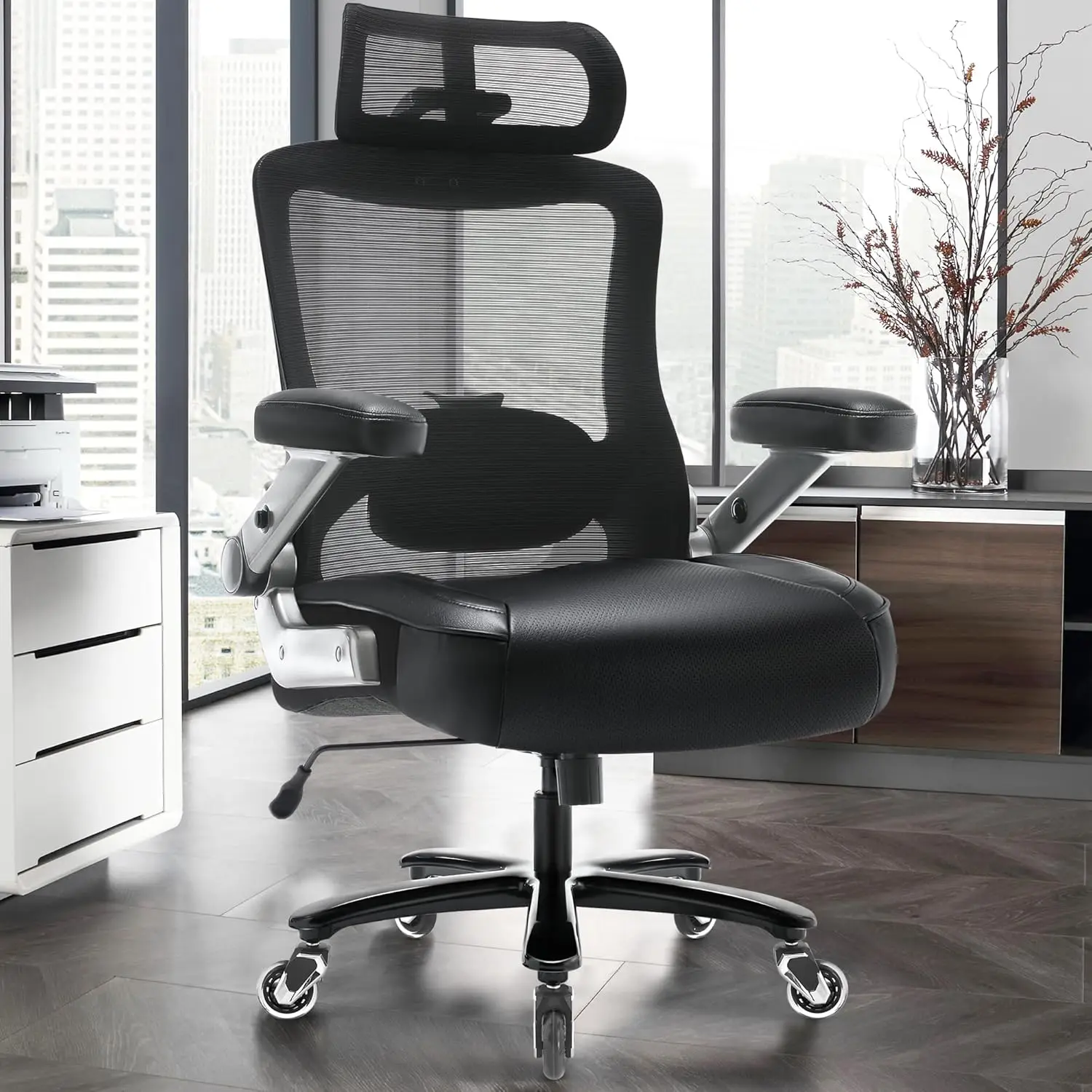 Heavy Duty Mesh Office Chair for Adults, 600lbs Capacity, 3D Flip Arms, Adjustable Headrest, Ergonomic Lumbar Support
