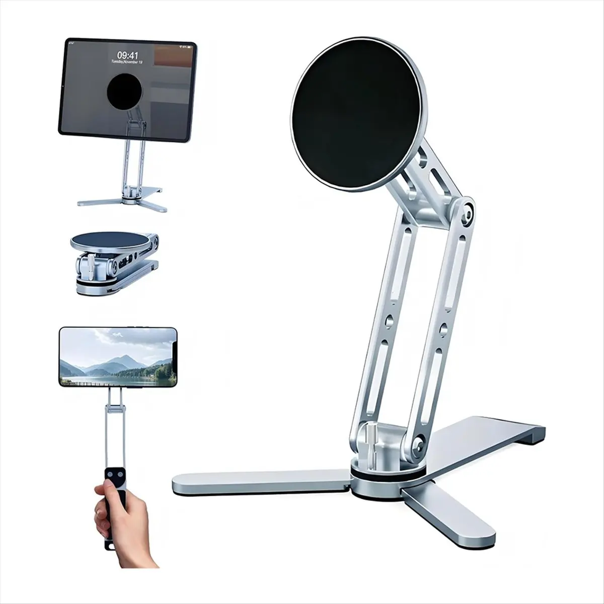 2 en 1 para teléfono soporte para tableta palo Selfie aluminio 360 ° Giratorio plegable para viajes y escritorio