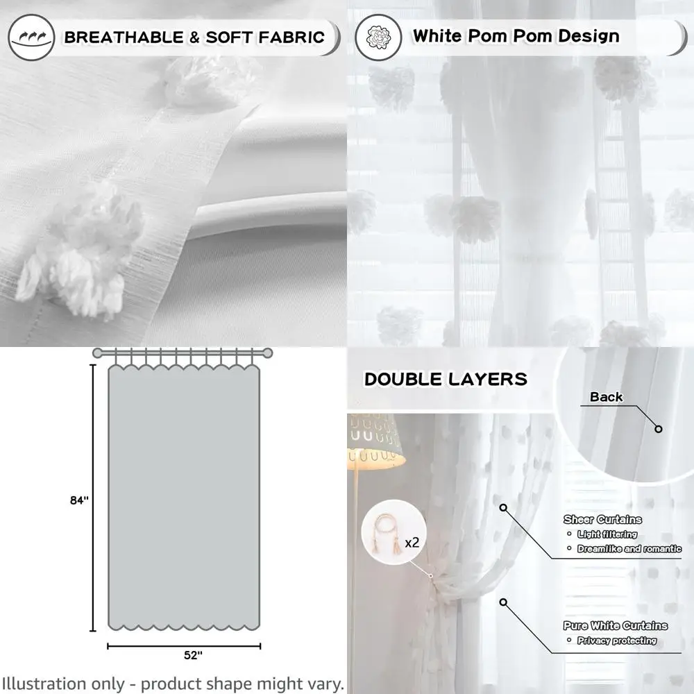 

Double Layer Sheer Curtains with Pom Poms, 84 Long, White, Grommet Top for Room Darkening, 52 Wide x 84 Long