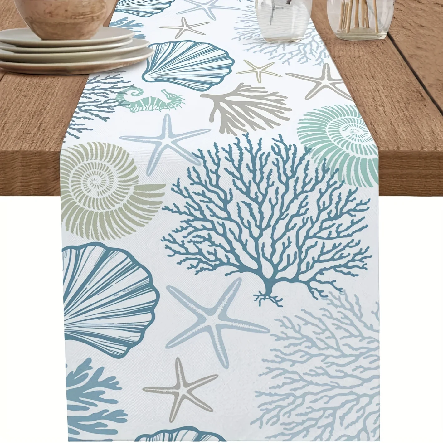 Ocean‑Blue Seashell Starfish Marine Life Printed Table Runner, Summer Table Decor for Home, Kitchen, Dining Room, Farmhouse