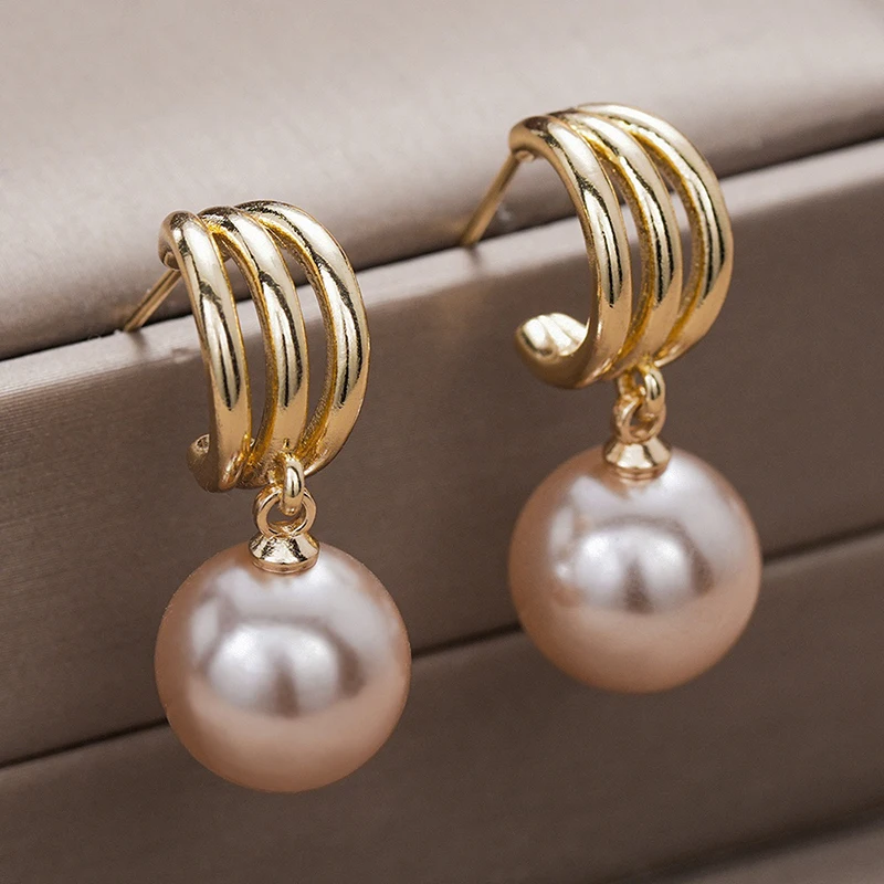 Huitan Elegant Champagne Imitation Pearl Drop Earrings for Women Wedding Party Fashion Female Simulated Pearl Dangle Earrings