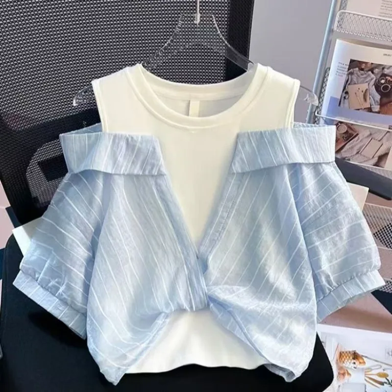 2025 Off The Shoulder Blouses Women Slim and Loose Tank Top Spliced Short Sleeve Shirts Summer O Neck Fashion Shirts Women Top