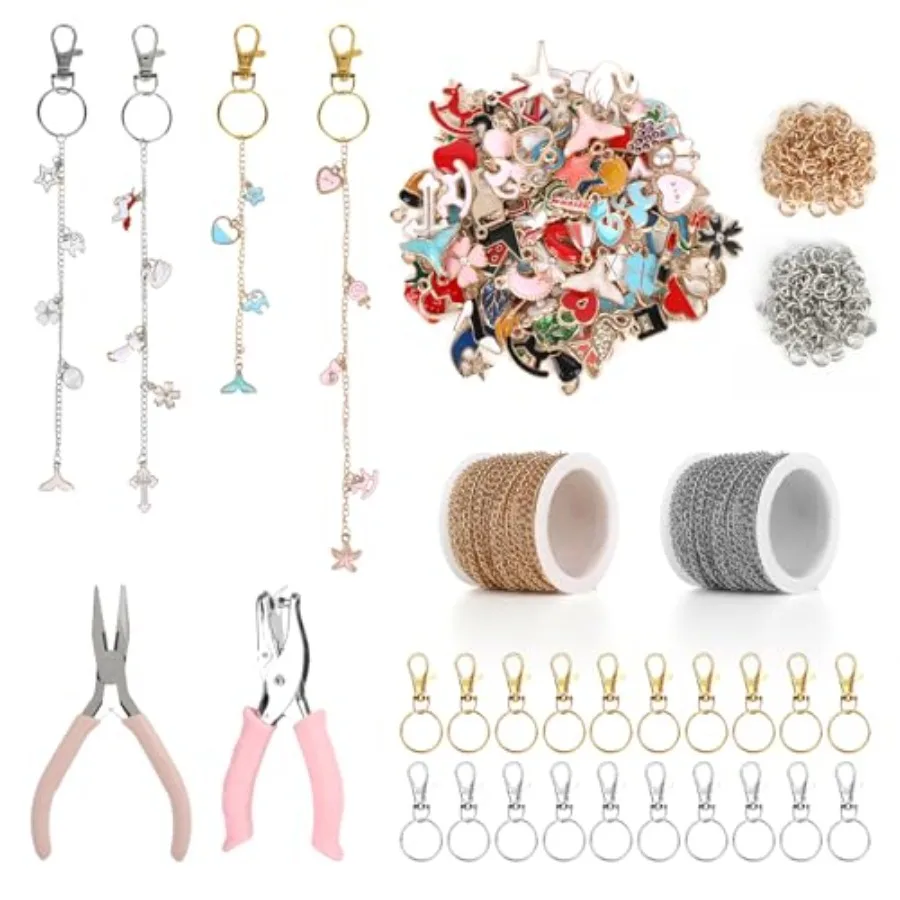 

224 Pcs Lip Gloss Charm Keychain Set Homemade Keychain Making Set 100 Lip Gloss Charm 20 Keychains 1 Jewelry Plier 1 Puncher 16