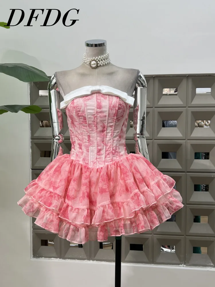 

DFDG High-quality New Women's 2025 Summer Style Stylish Versatile Design Fishbone Waist Tie Cinched Waist Strapless Short Dress