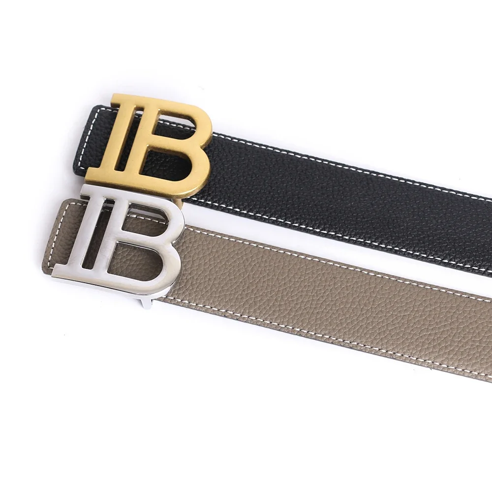 2024 Grey Luxury Brand Designer B Buckle Belt Men High Quality Women Genuine Real Leather Dress Strap for Jeans Waistband