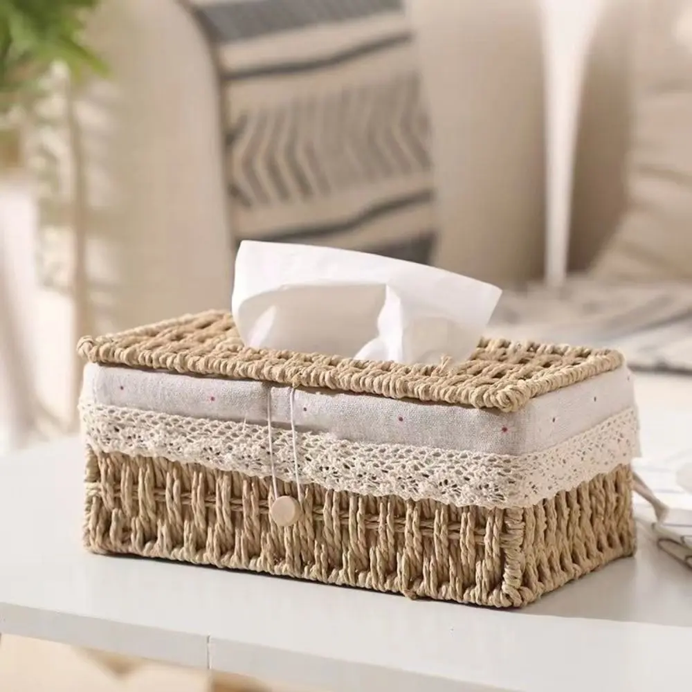 Creative Straw Knitting Basket Tissue Box Tissue Dispenser Craft Napkin Boxes Handmade Tissue Holder Home Decoration