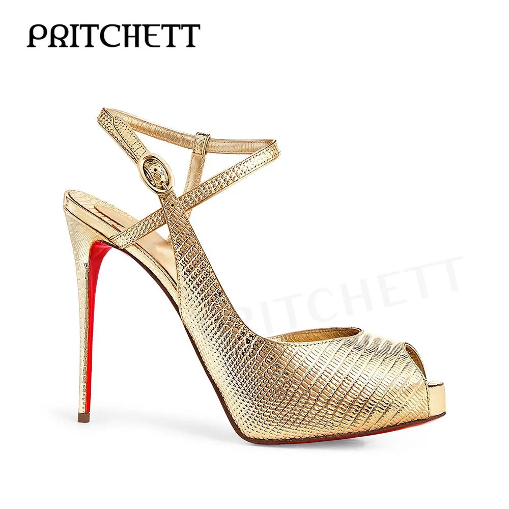 Gold Textured Fish Mouth Sandals Round Toe Stiletto Heels Leather Ankle Buckle Straps Sexy High Heels Large Size Women\'s Shoes