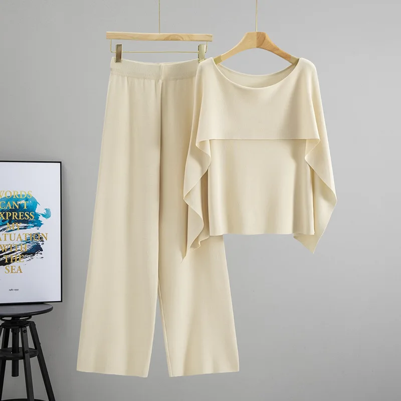 Women Pullover Suit Knitted Sweater Wide Leg Pants 2 Piece Set Shawl Spliced Top Knit Trousers Ensemble Autumn Winter Outfits