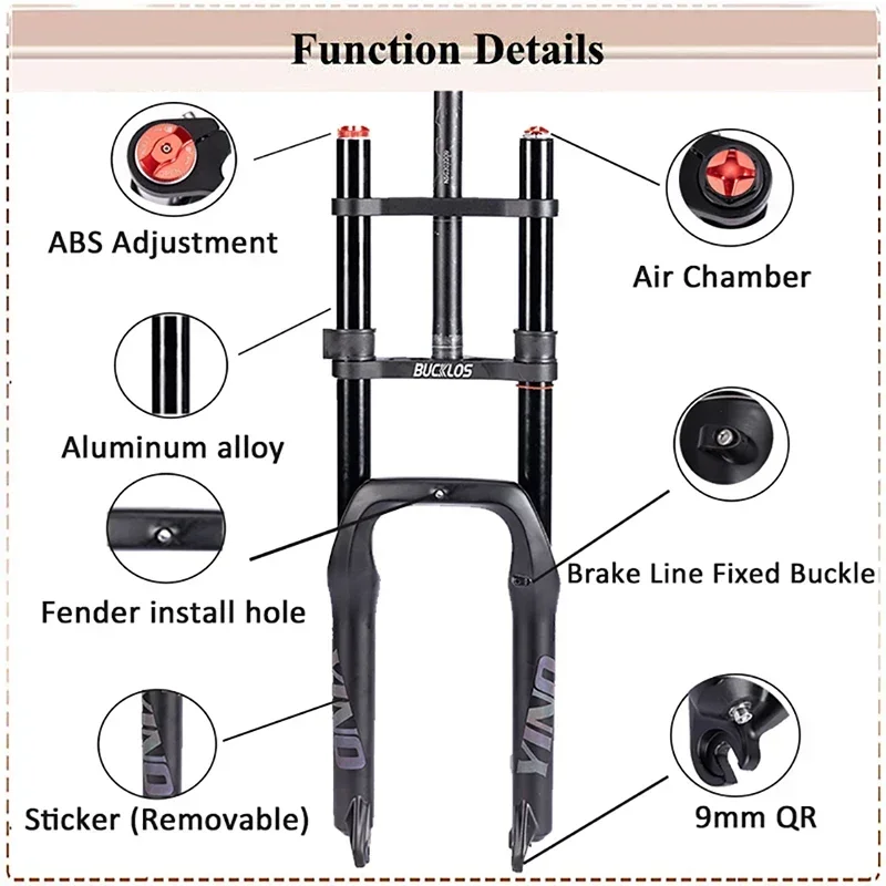 BUCKLOS 26inch/20inch Snow Bike Air Suspension Fork Aluminum Alloy Mtb Air Pressure Mountain Bicycle Fork for Fatbike E-bike QR