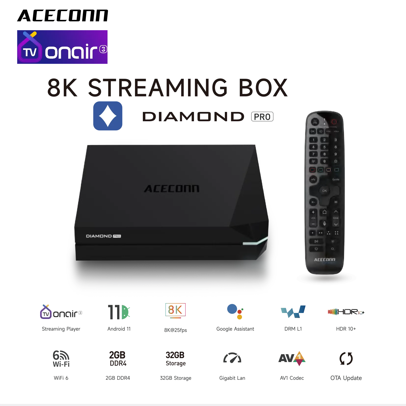 

ACECONN IPTV TV Box TVONAIR3 2GB DDR4 32GB Diamond Pro WiFi6 BT Remote control