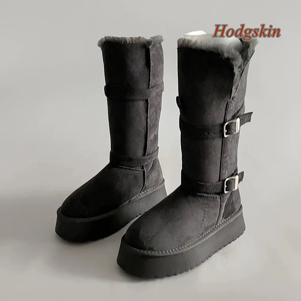 Slip On Belt Buckle Women Boots Round Toe Solid Knee High Chunky Heel Boots Comfortable Fashion Casual 2025 Newest Winter Boots