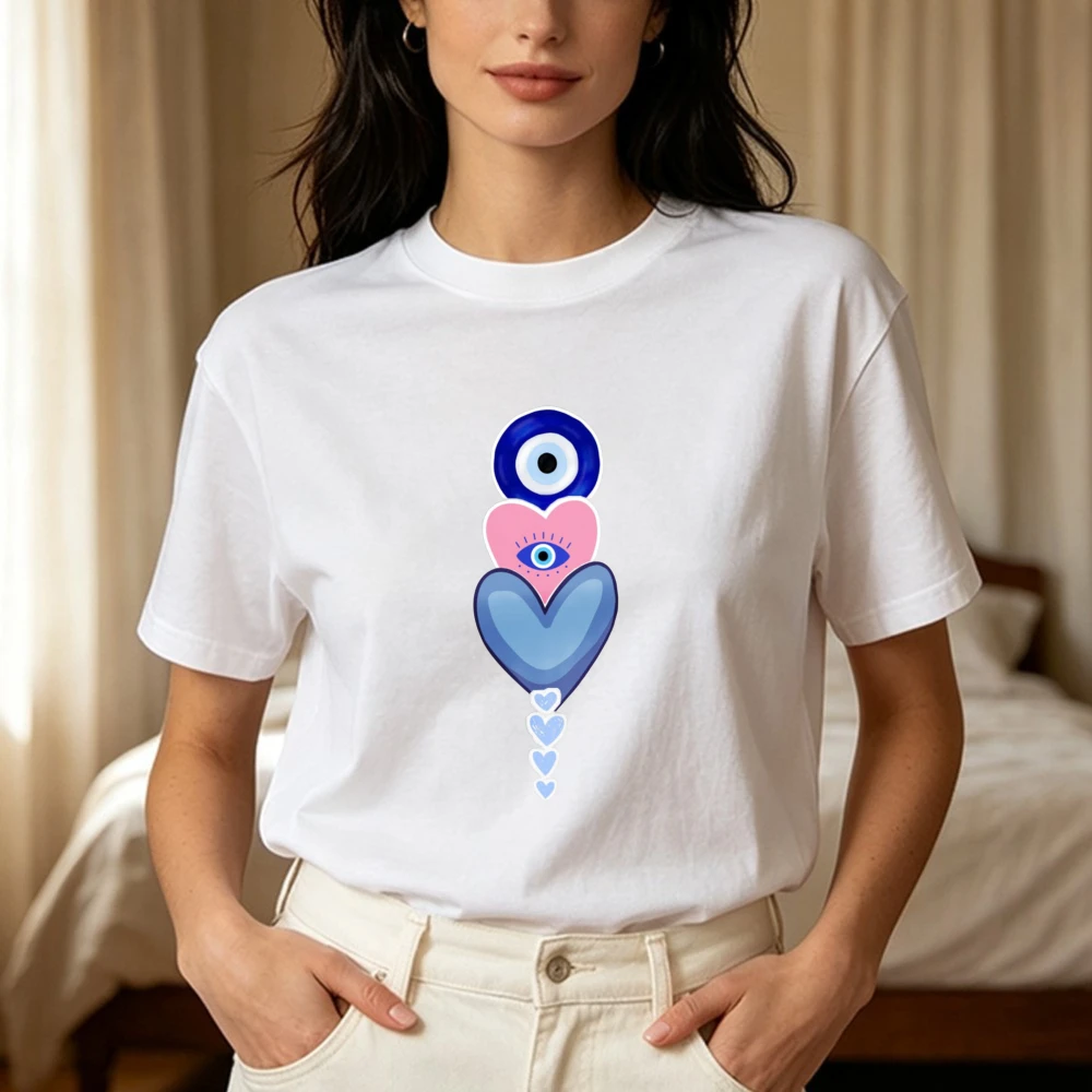 Cute Evil Eye Heart Stack Graphic Tee Blue Pink Protection Symbol Love Women Shirt Fashion Cotton Short-sleeve Tee