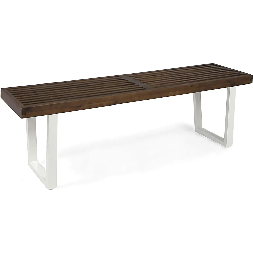 

Joa Patio Dining Bench, Acacia Wood with Iron Legs, Modern, Contemporary, Dark Brown and White, Wash