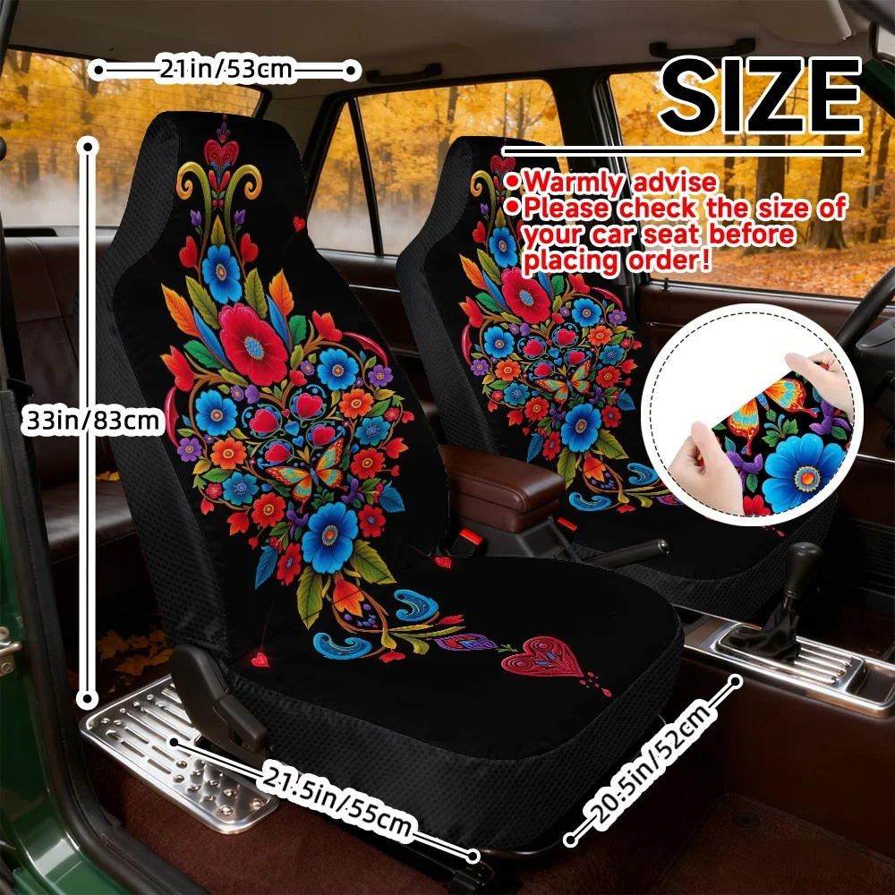 Universal Fit 2pcs Auto Seat Covers For Various Vehicles, Made From Durable Polyester Fabric, Featuring A Colorful Floral Hearts
