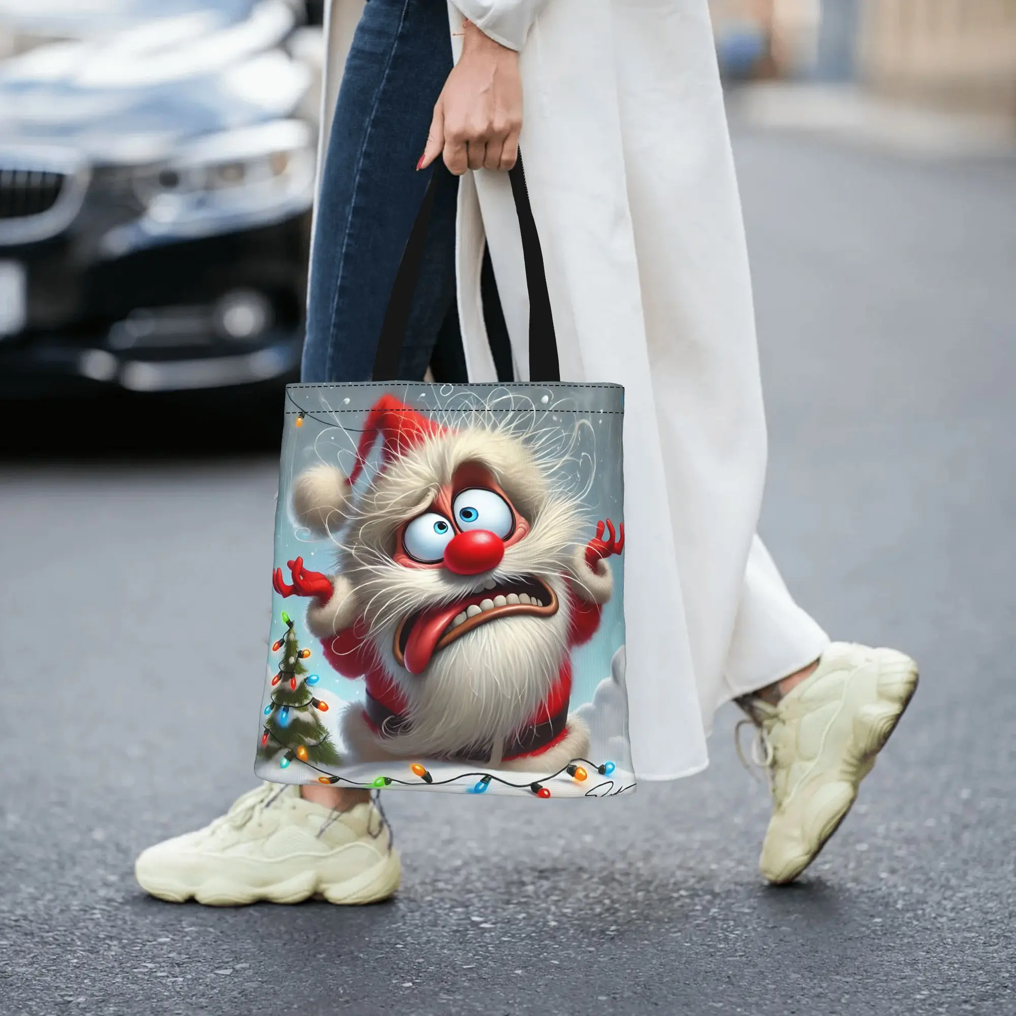 Customized Angry Santa Claus Print Women's Bag Shopping Bag Reusable Double Sided Canvas Tote Bag Shoulder  Handbag
