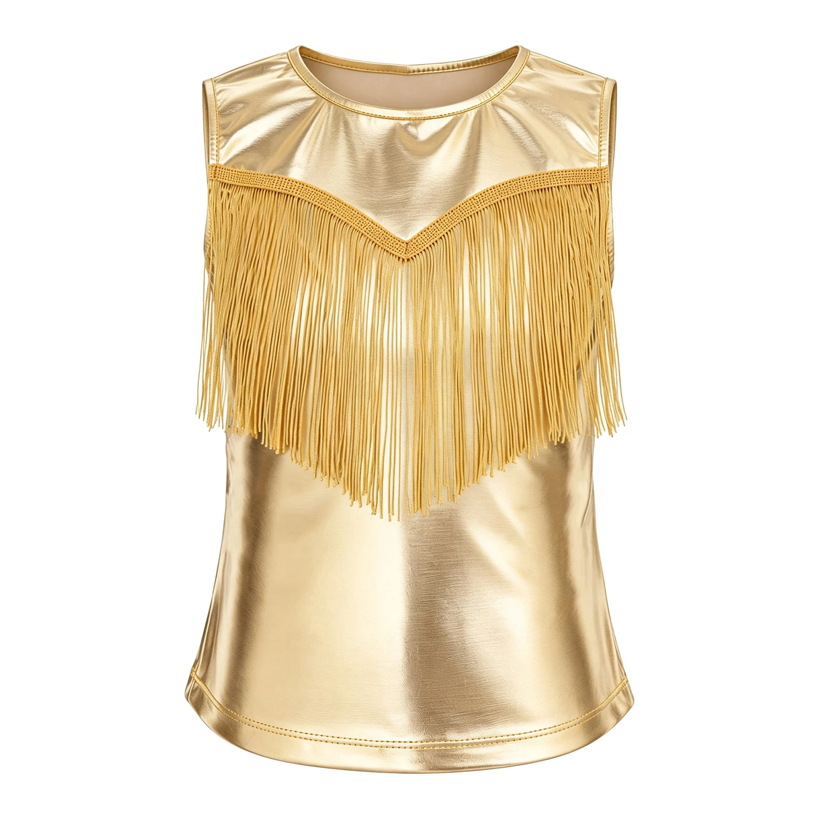 Kids Girls Tassel Metallic Vest Disco Jazz Tango Dance Costume Round Neck Sleeveless Fringe Tank Top for Party Stage Performance