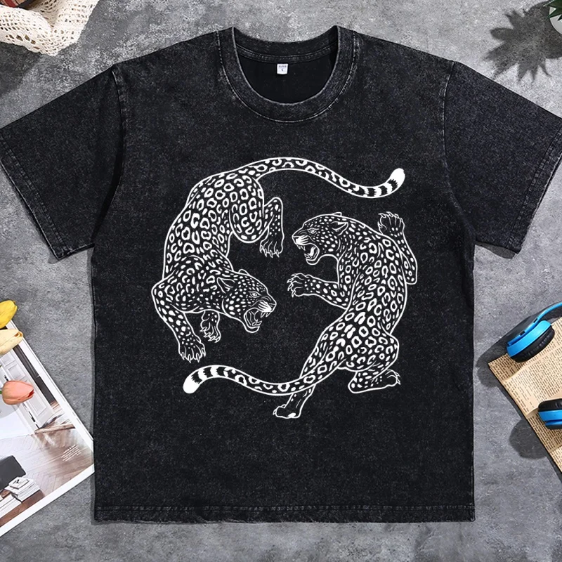 90s Leopard Fight T-Shirt Men & Women's Unisex Graphic Tee Vintage Washes Big Cat Grunge T-Shirts Y2k Streetwear Clothes