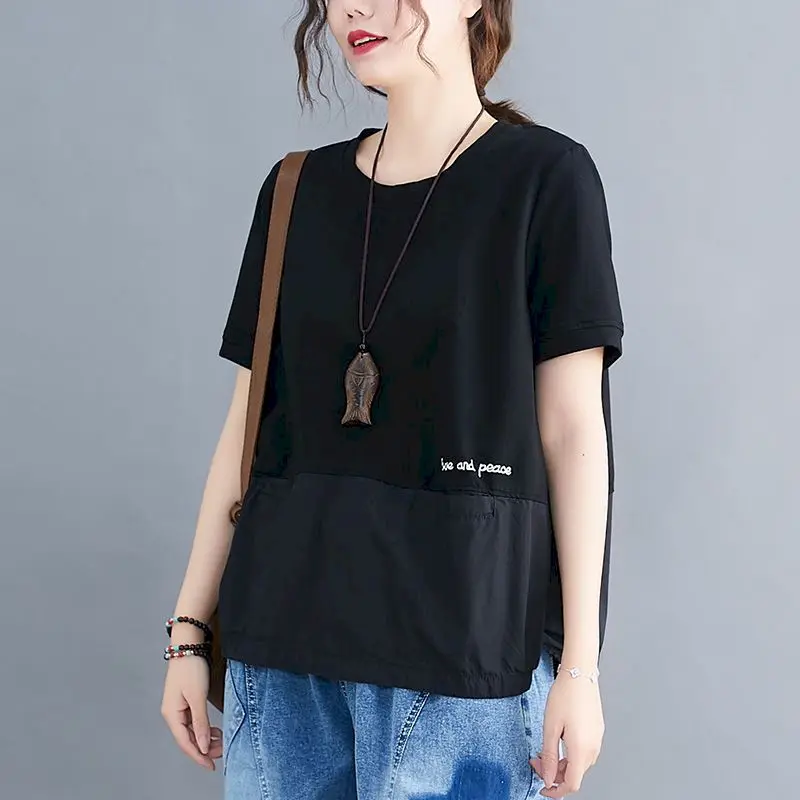 90% Cotton T Shirts Women Fashion Solid Color Patchwork Casual T-shirt Art Loose Short Sleeve Oversized Tops Summer Trend Tshirt