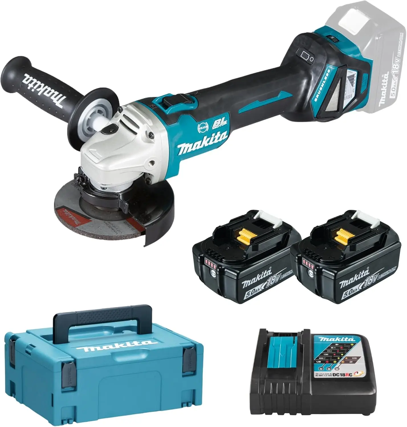 DGA513RTJ 18V Li-ion LXT Brushless 125mm Angle Grinder Complete with 2 x 5.0 Ah Li-ion Batteries and Charger Supplied in