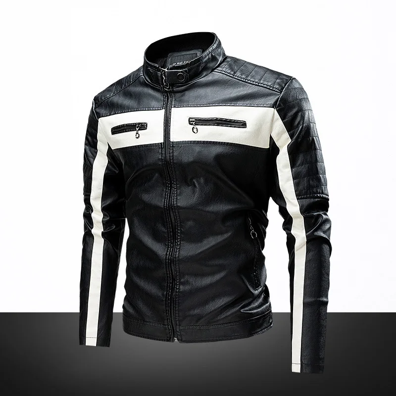Men Spring Autumn Fleece Lined Pu Leather Biker Jacket Stand Collar Color Block Striped Windproof Motorcycle Racing Outerwear