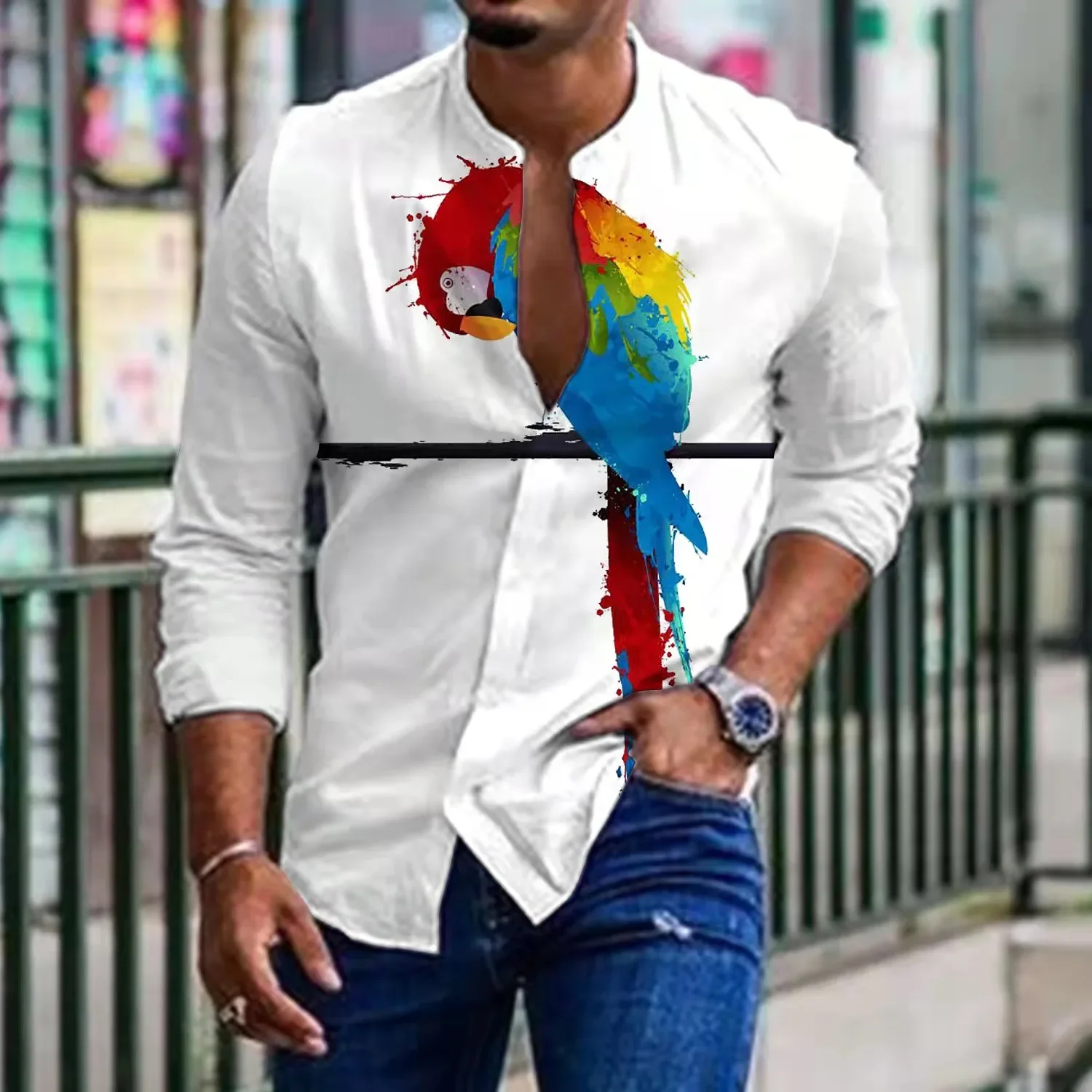 2022 Spring Men Shirts Baggy Parrot Butterfly Ink Print Long Sleeve Top Hip Hop Vintage Loose Oversized Shirts For Male Clothes