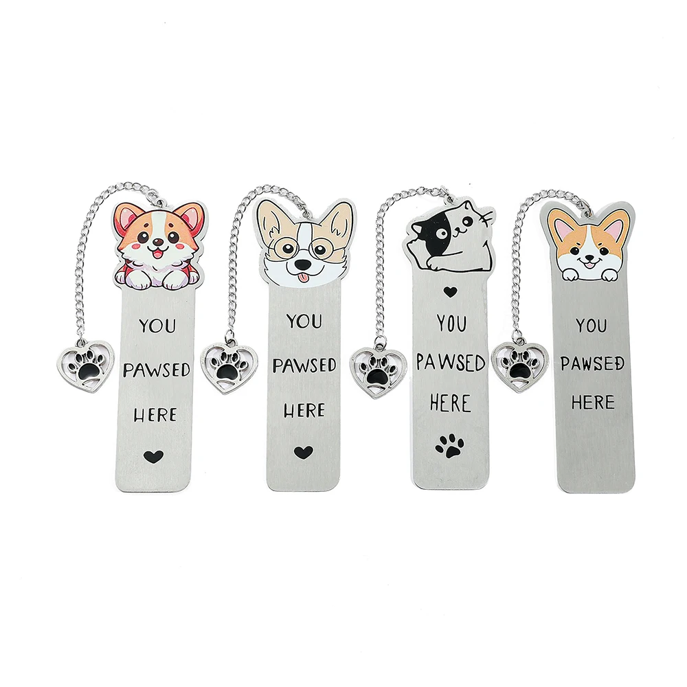 Cute cartoon colored glasses dog stainless steel dog paw pendant bookmark, ideal reading gift for dog lovers and bookworms