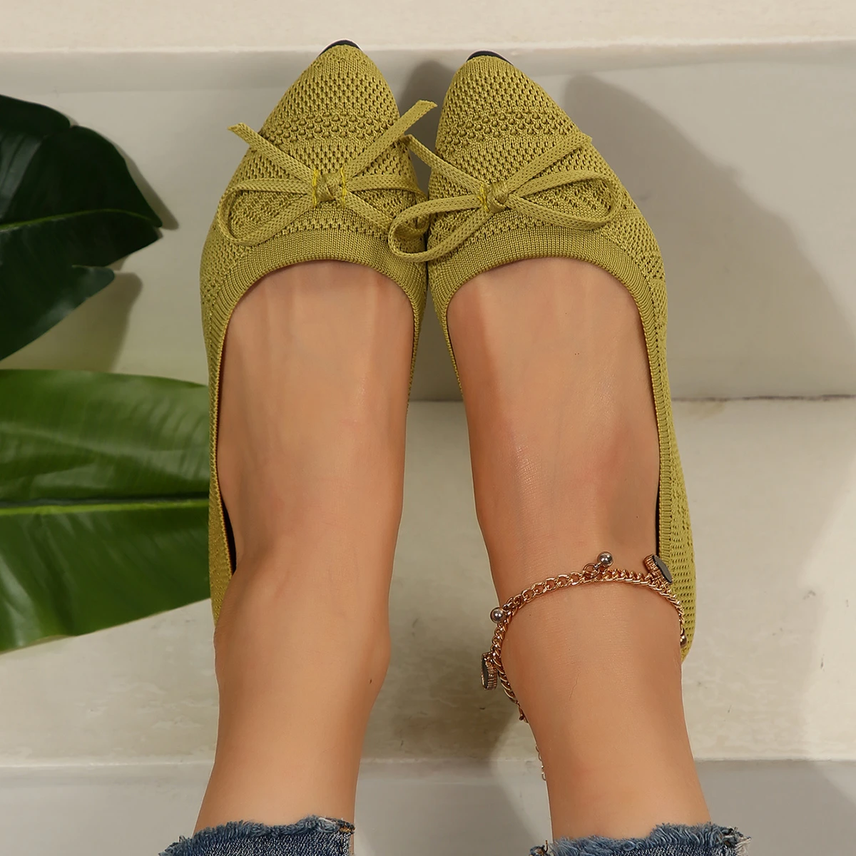 Pointed Bow Flying Flat Shoes Women's 2025 New Summer Casual Bean Shoes Knitted Soft Sole Knitted Women's Shoes Large Size 43